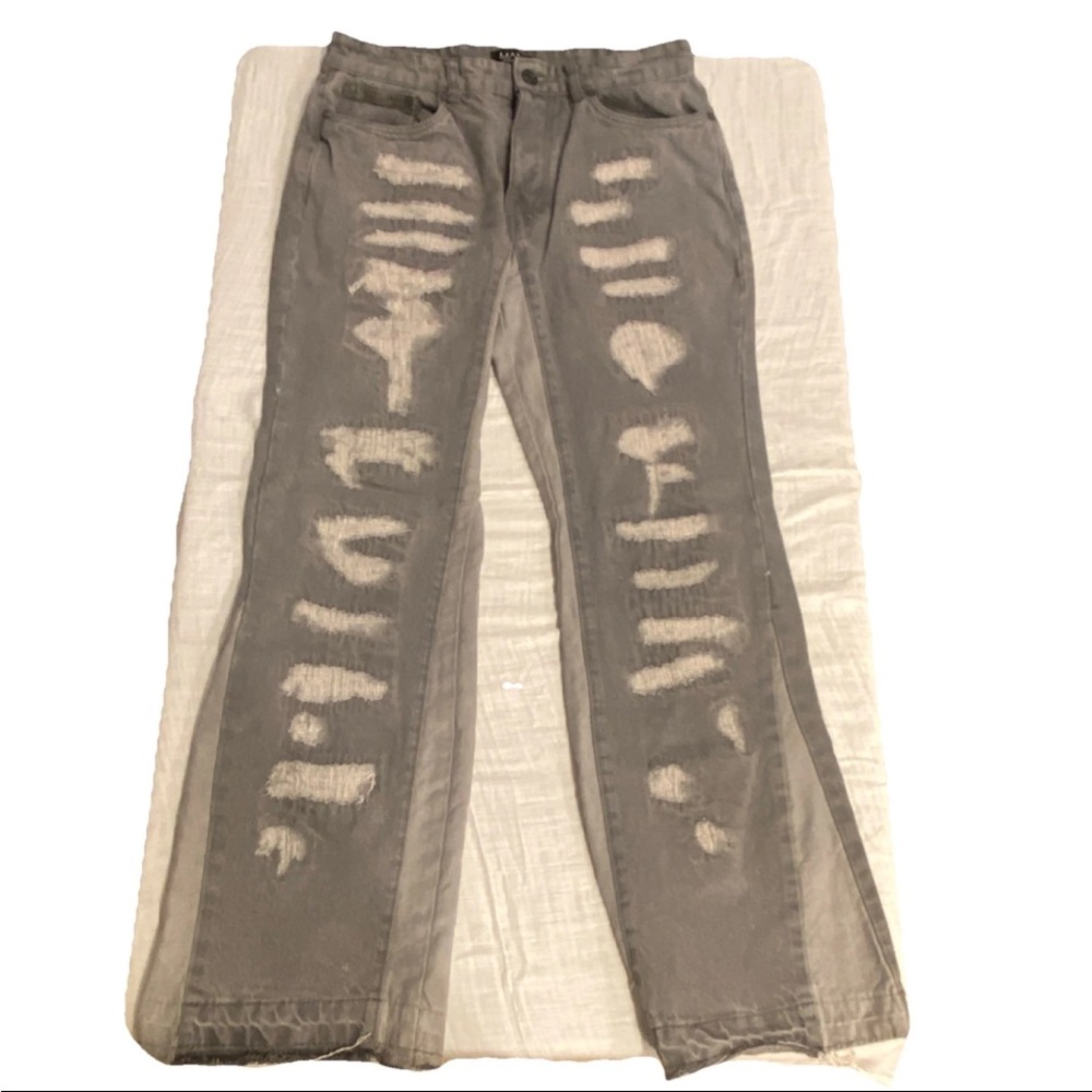 boohooMAN Distressed Gray Denim Straight Jeans, Cotton, 5-Pocket, Grunge Style